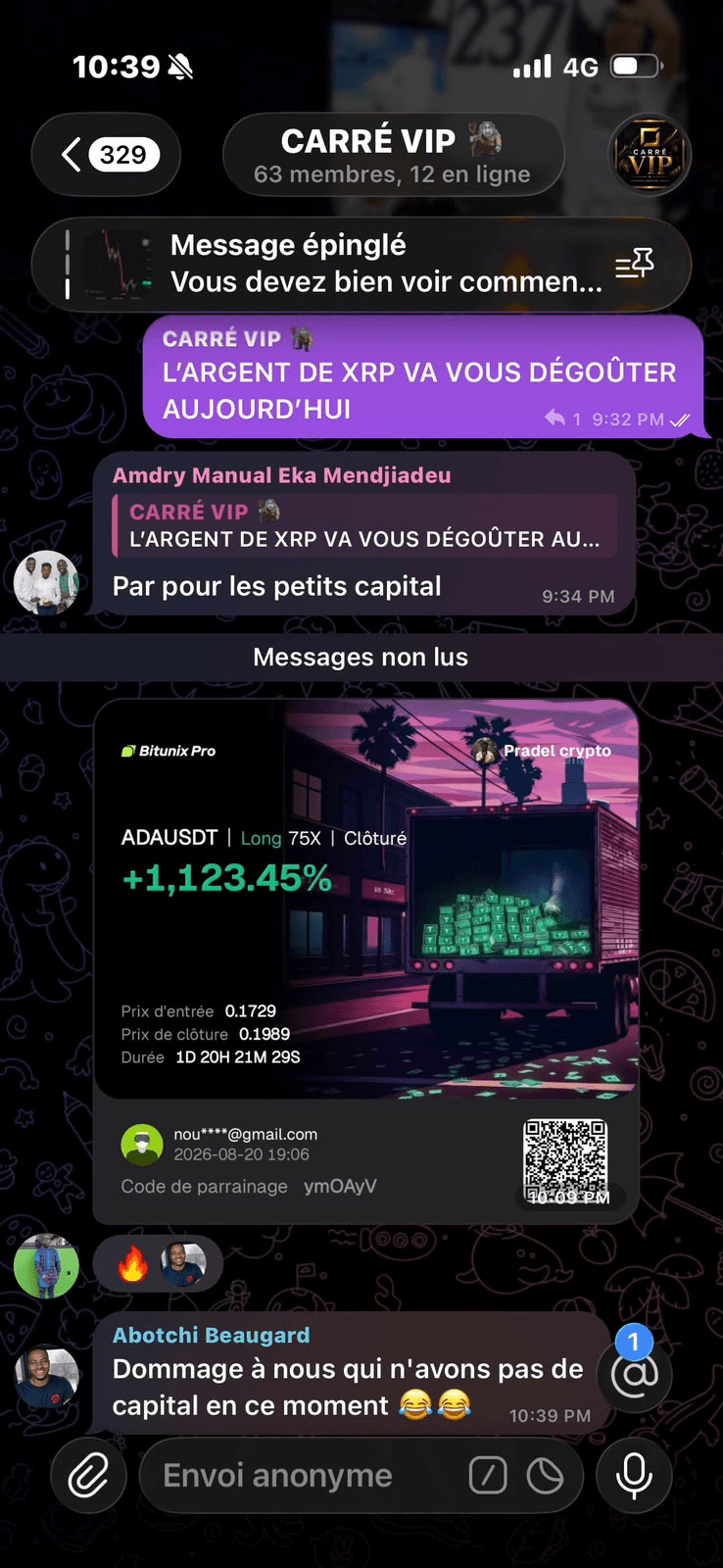Capture d’une performance ADAUSDT partagée dans la communauté